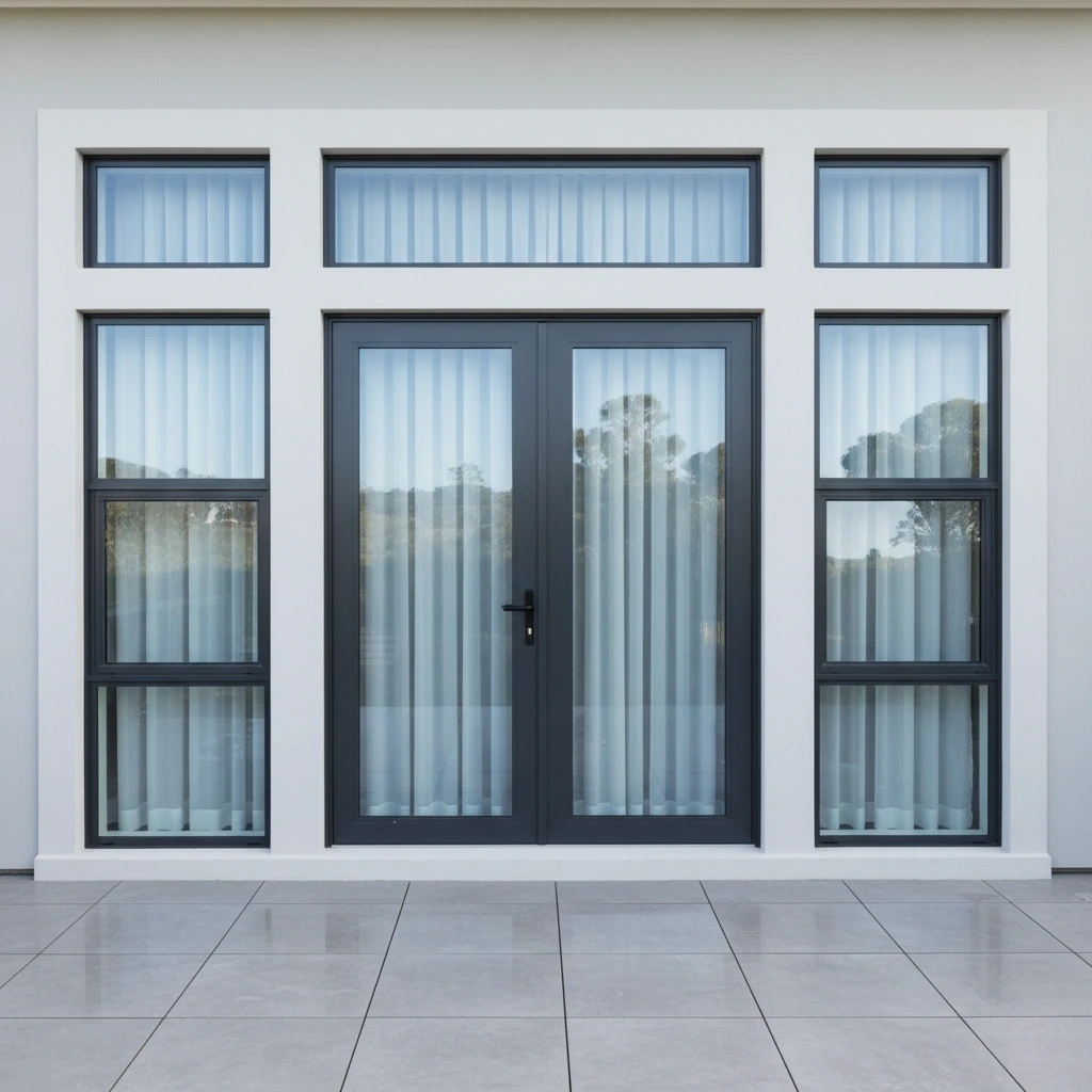 A set of dark framed glass doors