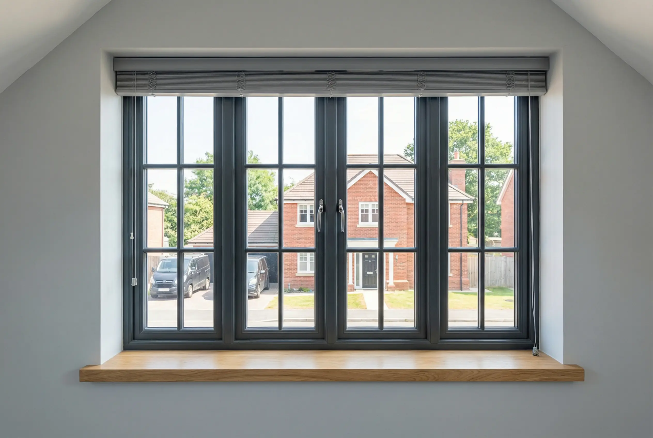 A wide window with slim dark frames