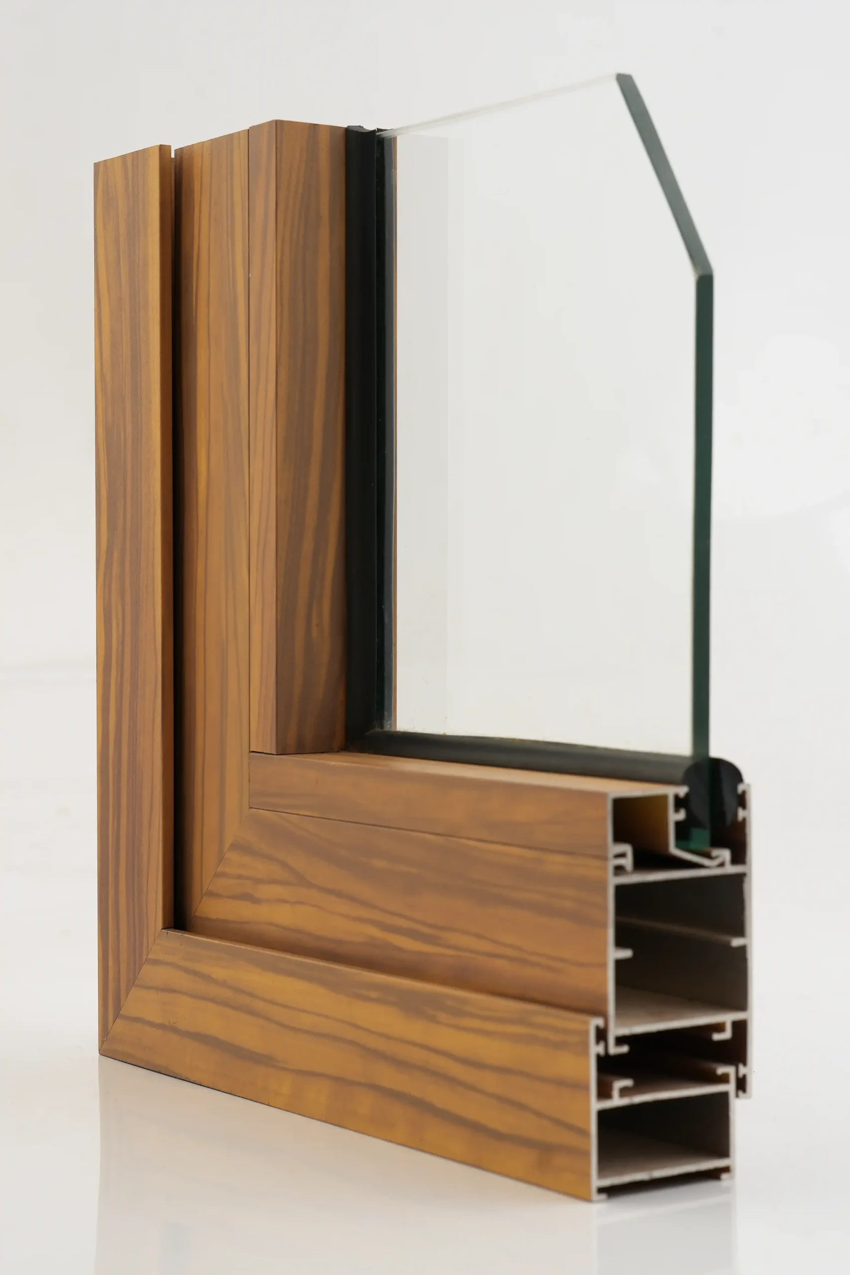 A door frame with a wood finish, cut to show the inside