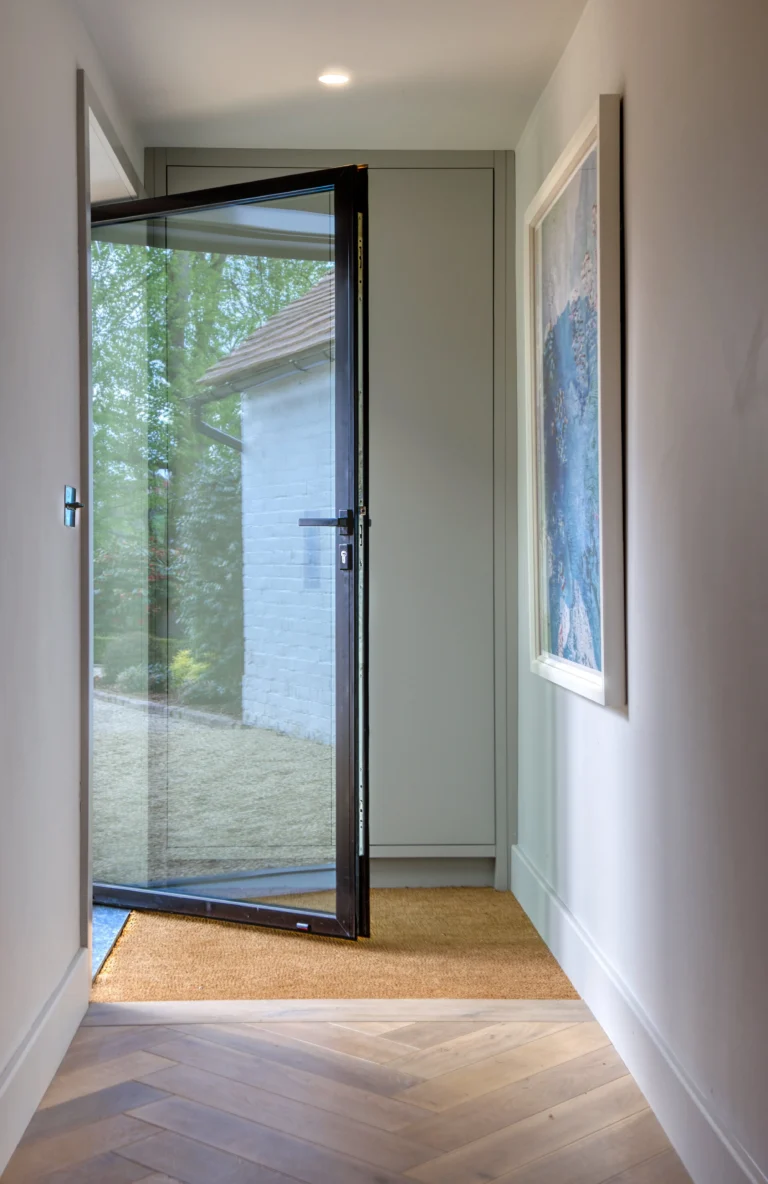 A glass front door that swings open