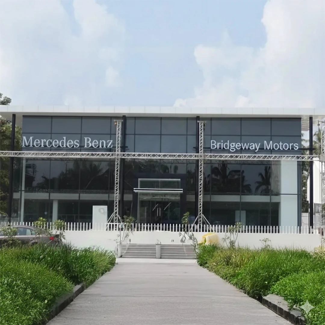 A car showroom with a dark glass front